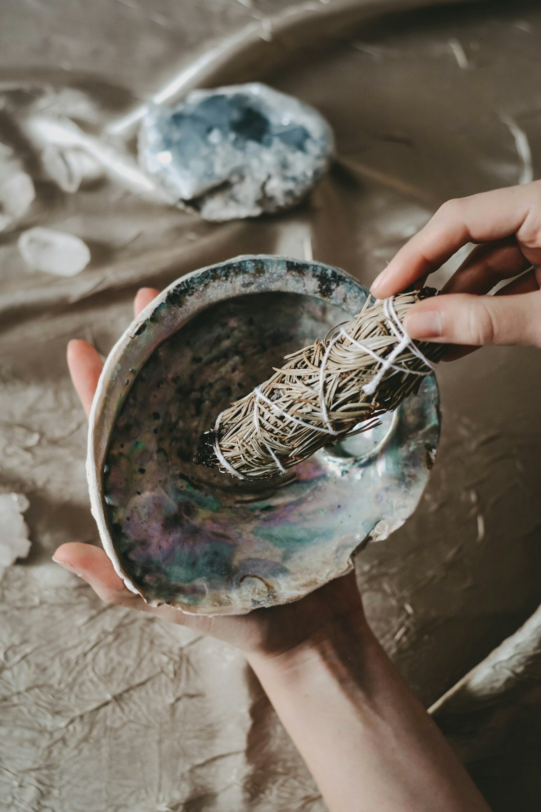 Abalone shell and a pine smudge stick during a smudging ritual ✦ Snag more FREE stock photos each month ???? https://contentpixie.com/secret-snaps/